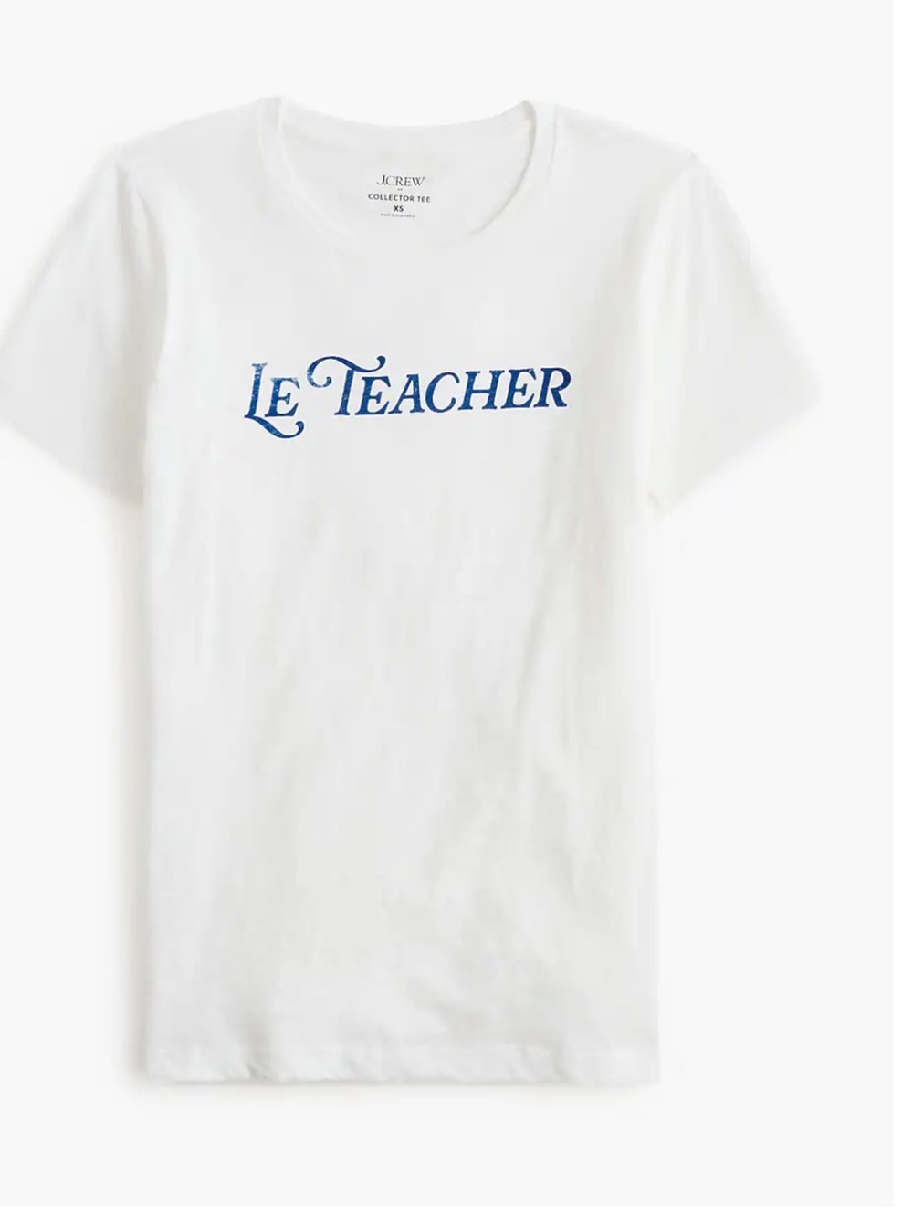 NWT J. Crew Factory 'Le Teacher' Collectors White Tee with Blue Script Size S